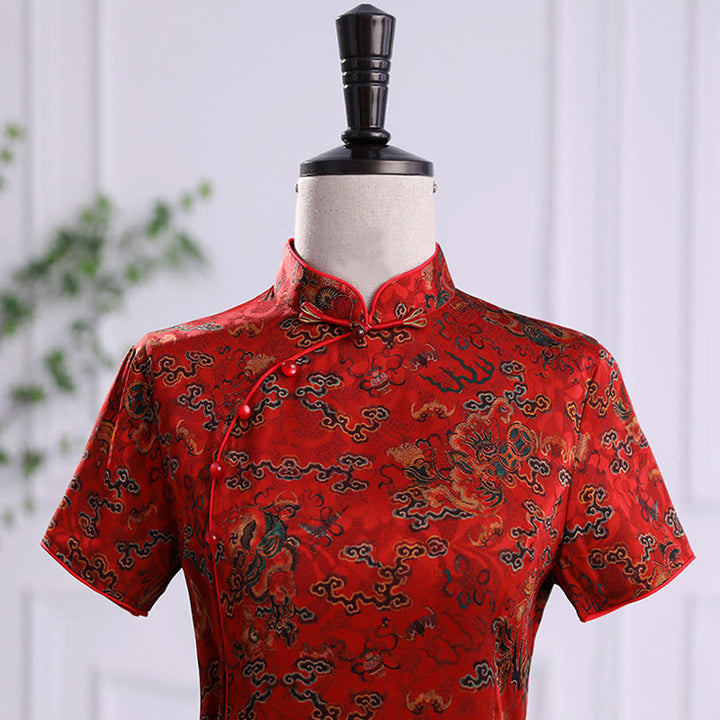 Abito da donna in cheongsam con stampa di foglie e nuvole di buon Buddha Stones vintage, abito da donna in qipao - image 4