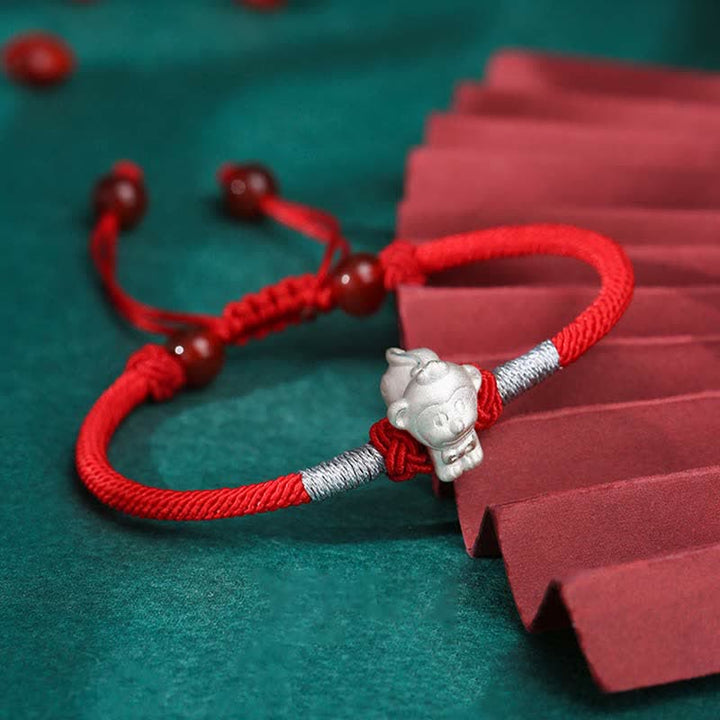 Braccialetto in corda rossa con Buddha Stones in argento sterling 999, zodiaco cinese, fortuna e forza