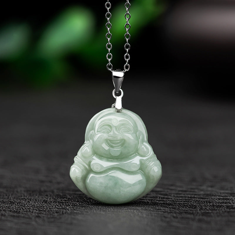 Collana con ciondolo in acciaio al titanio e catena di giada con Buddha che ride, Buddha Stones - Giada naturale (il colore può variare) - image 0