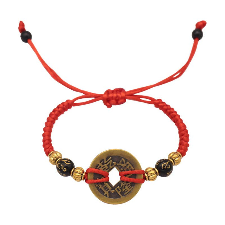 Braccialetto intrecciato con corda rossa, moneta di rame e Buddha Stones