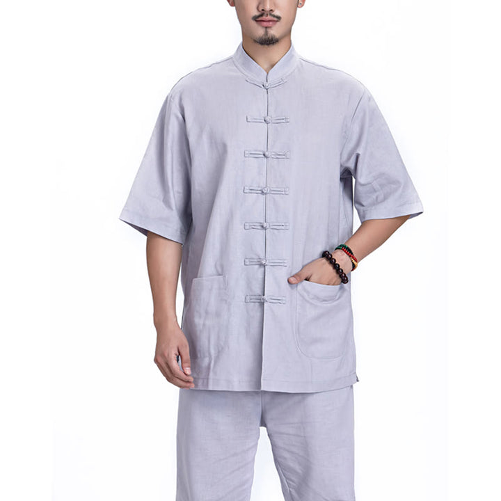 Buddha Stones, rana cinese, bottone, design, meditazione, preghiera, cotone, lino, spirituale, pratica zen, yoga, abbigliamento da uomo - Grigio (manica corta) - US/UK/AU44，EU54 (3XL) - image 20