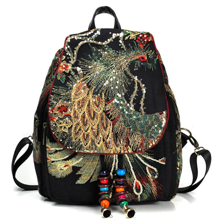 Zaino in tela con nappa e ricamo di pavone Buddha Stones