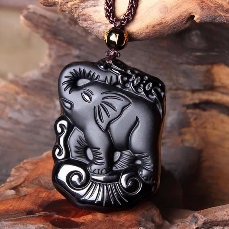Collana con ciondolo portachiavi in corda di protezione per elefante in ossidiana nera