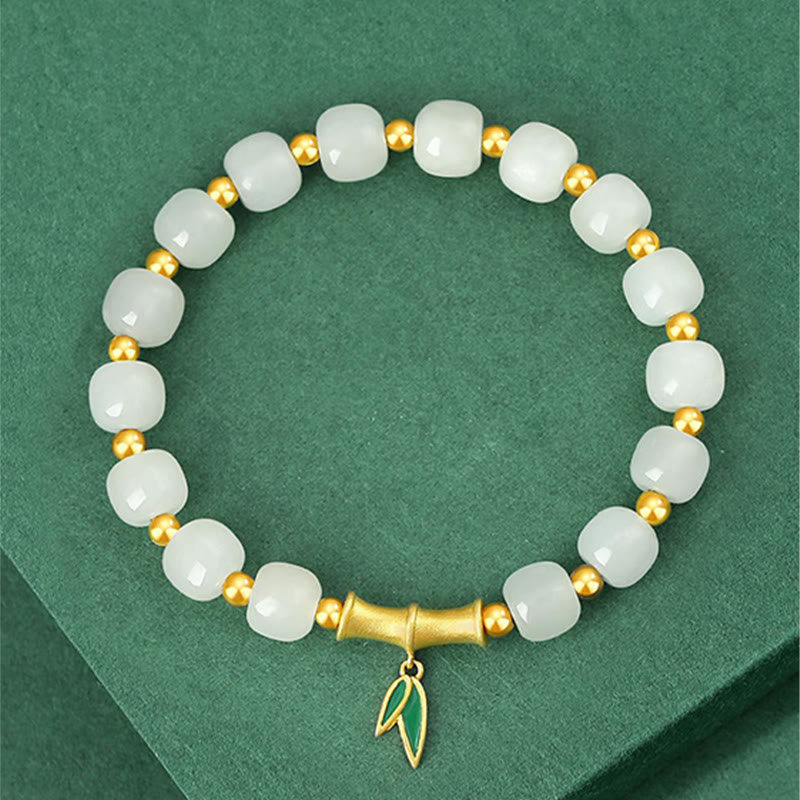 Braccialetto della fortuna in bambù e giada bianca Hetian in argento sterling 925 Buddha Stones
