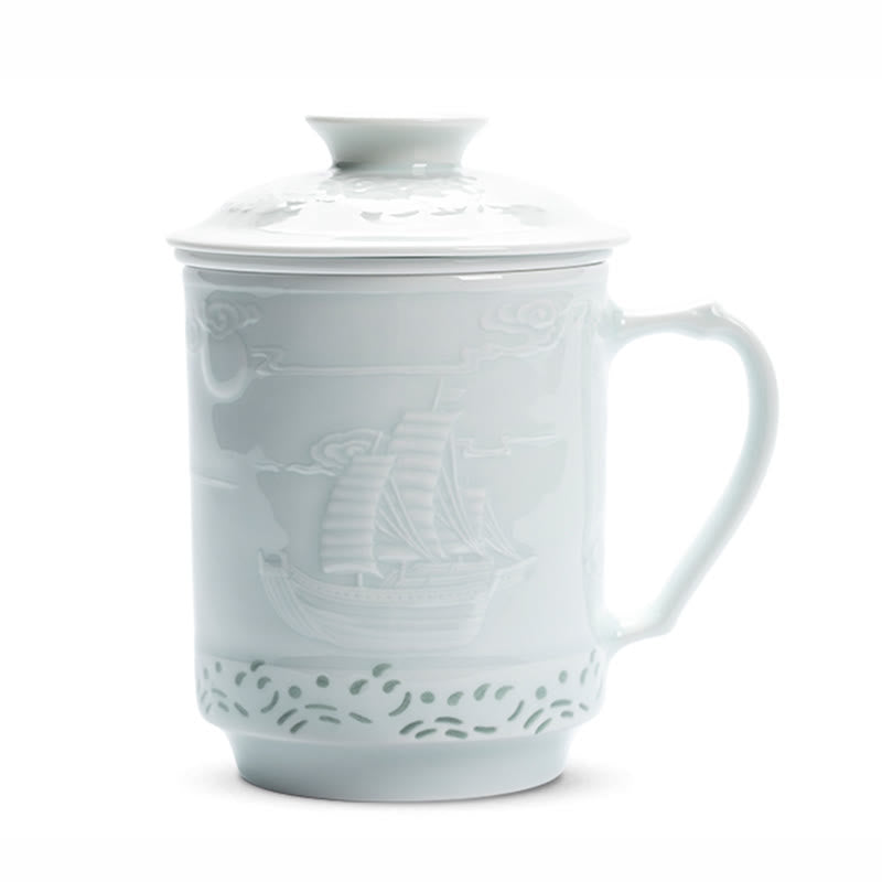 Buddha Stones Jingdezhen Linglong Porcellana Drago di Buon Auspicio Barca Fenice Navigazione Liscia Tazza da Tè in Ceramica Tazze da Tè da Ufficio 420ml