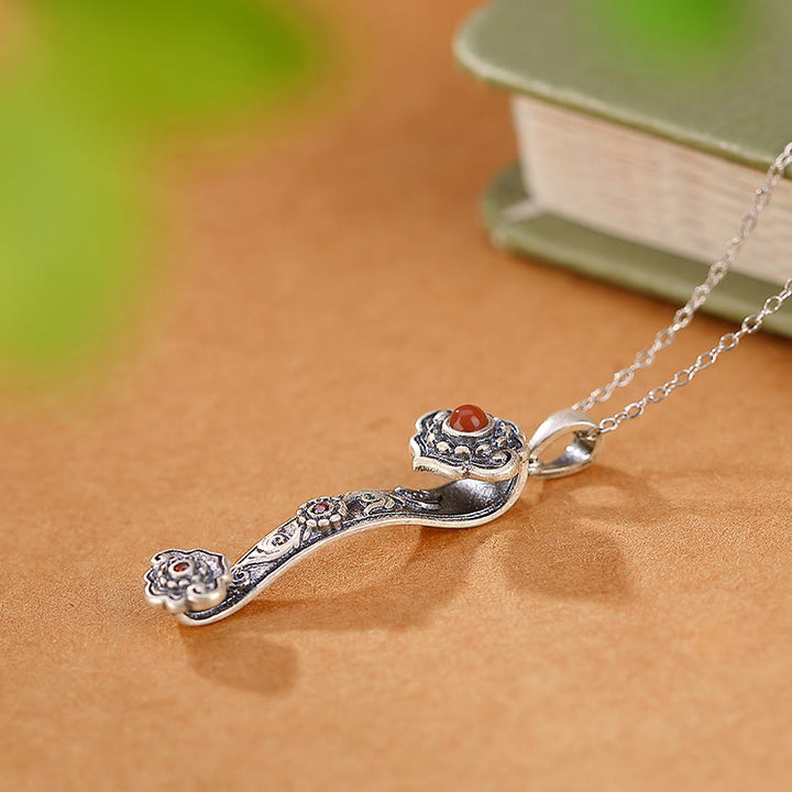 Buddha Stones Argento Sterling 925 Agata Rossa Giada Ciano Nuvole di Buon Auspicio Manico Ruyi Collana Pendente Benedizione