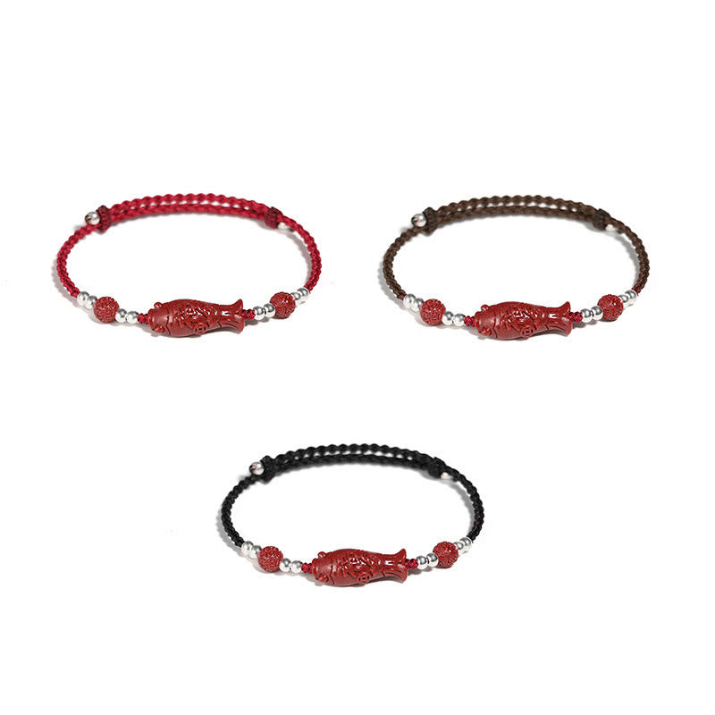 Bracciale intrecciato con moneta di rame, pesce koi, cinabro, Fu, argento sterling 925 , Buddha Stones