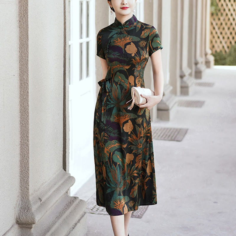 Abito Buddha Stones in seta Qipao con motivo a foglie e fiori retrò, abito cheongsam da donna - image 15
