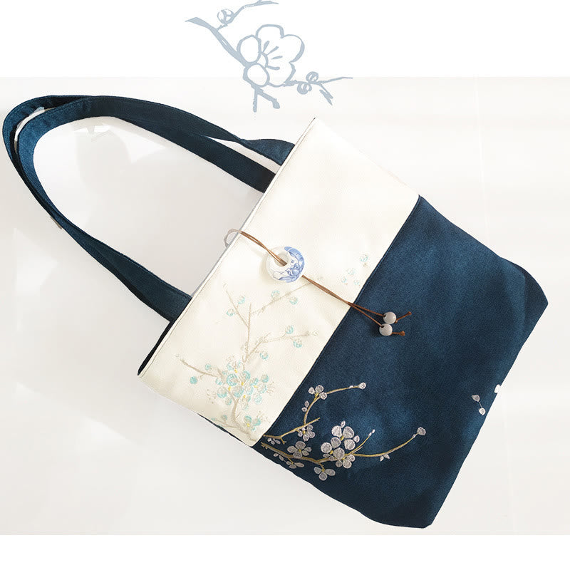 Borsa a tracolla grande capacità in tela con ricamo in bambù, prugna, fiore di pera, pesco