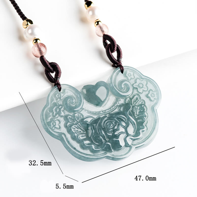 Collana con Buddha Stones a forma di fiore di peonia in giada naturale con ciondolo a forma di lucchetto di buoni auguri e prosperità