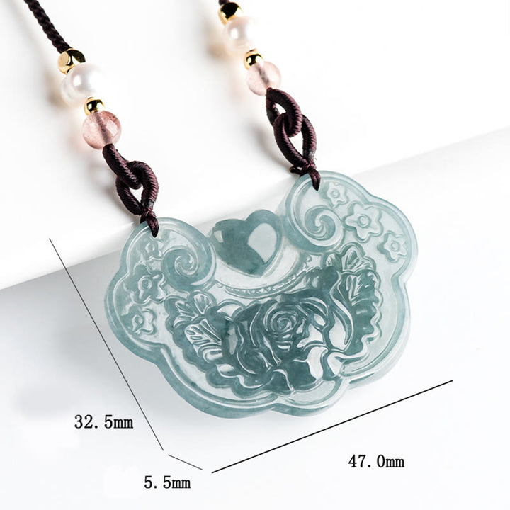 Collana con Buddha Stones a forma di fiore di peonia in giada naturale con ciondolo a forma di lucchetto di buoni auguri e prosperità
