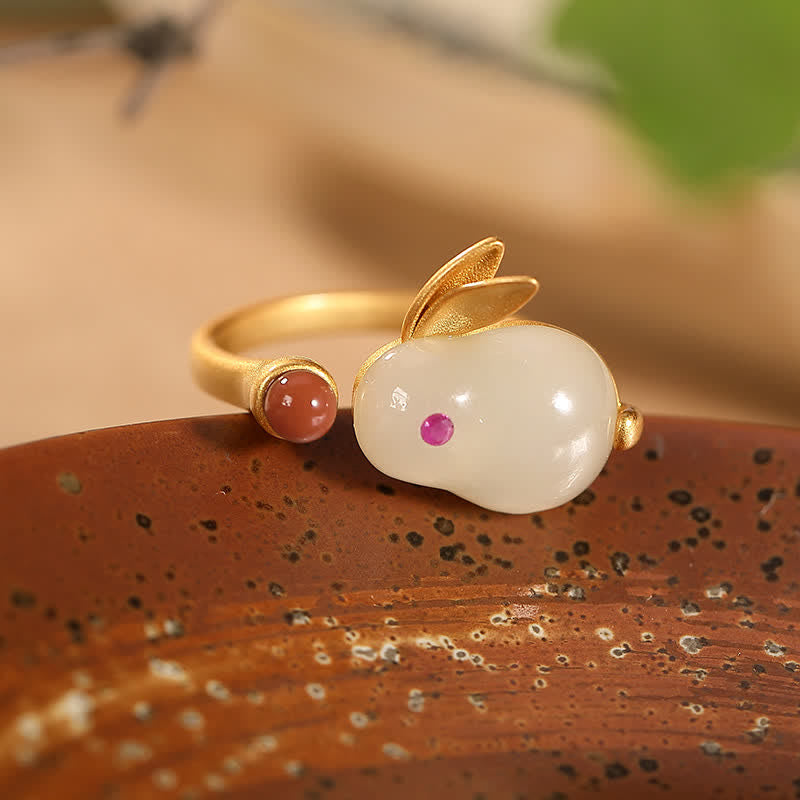 Buddha Stones 925 Sterling Silver Anno del Coniglio Hetian Jade Luck Ring Orecchini Collana Pendente