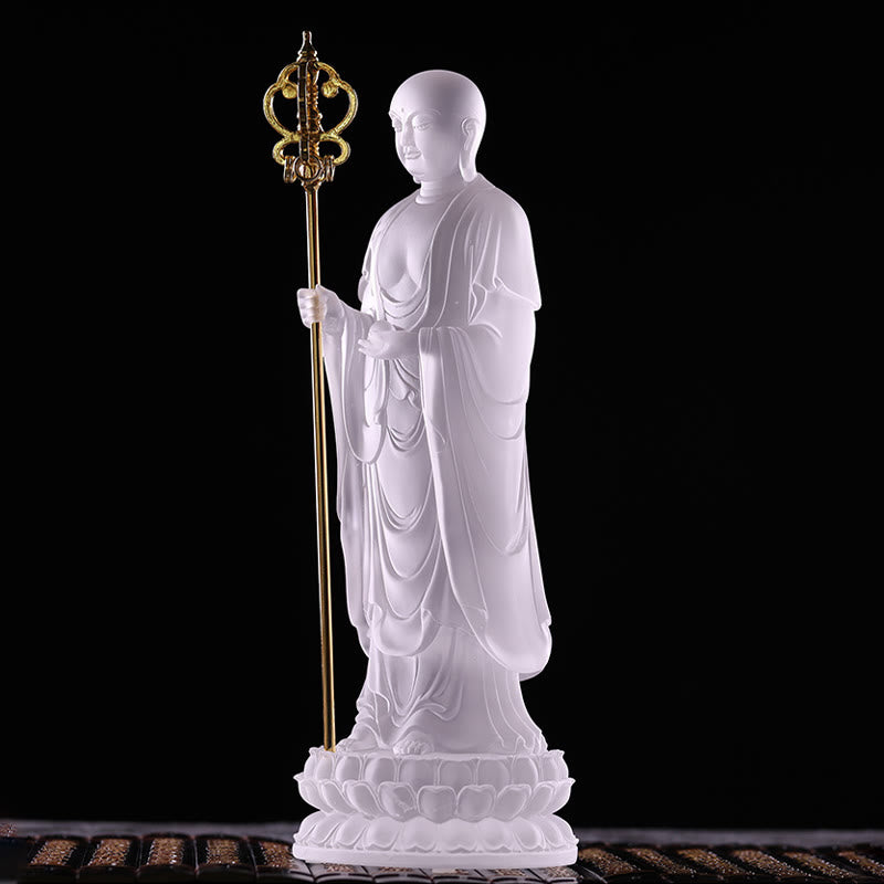 Buddha Stones fatte a mano Ksitigarbha Bodhisattva Figurina Liuli Cristallo Pezzo d'arte Statua della serenità Decorazione per la casa