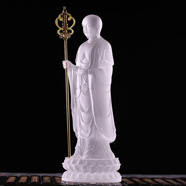 Buddha Stones fatte a mano Ksitigarbha Bodhisattva Figurina Liuli Cristallo Pezzo d'arte Statua della serenità Decorazione per la casa