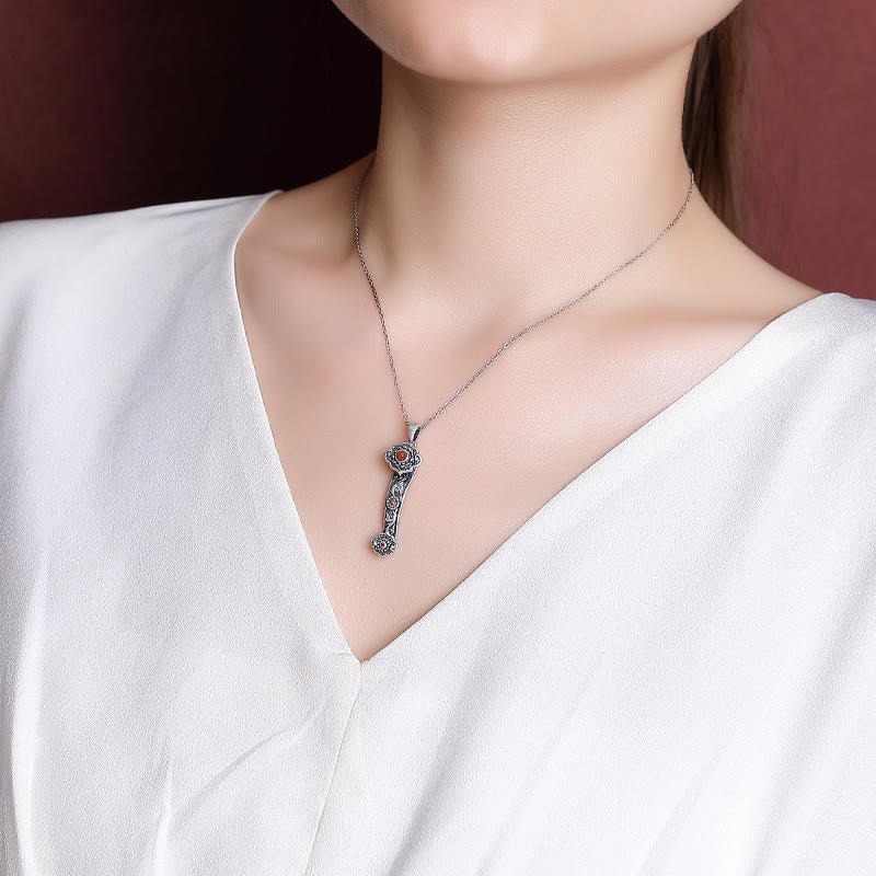 Buddha Stones Argento Sterling 925 Agata Rossa Giada Ciano Nuvole di Buon Auspicio Manico Ruyi Collana Pendente Benedizione