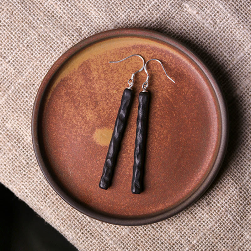 Orecchini pendenti Buddha Stones 925 Sterling Silver Ebony Wood Texture Balance Peace Drop