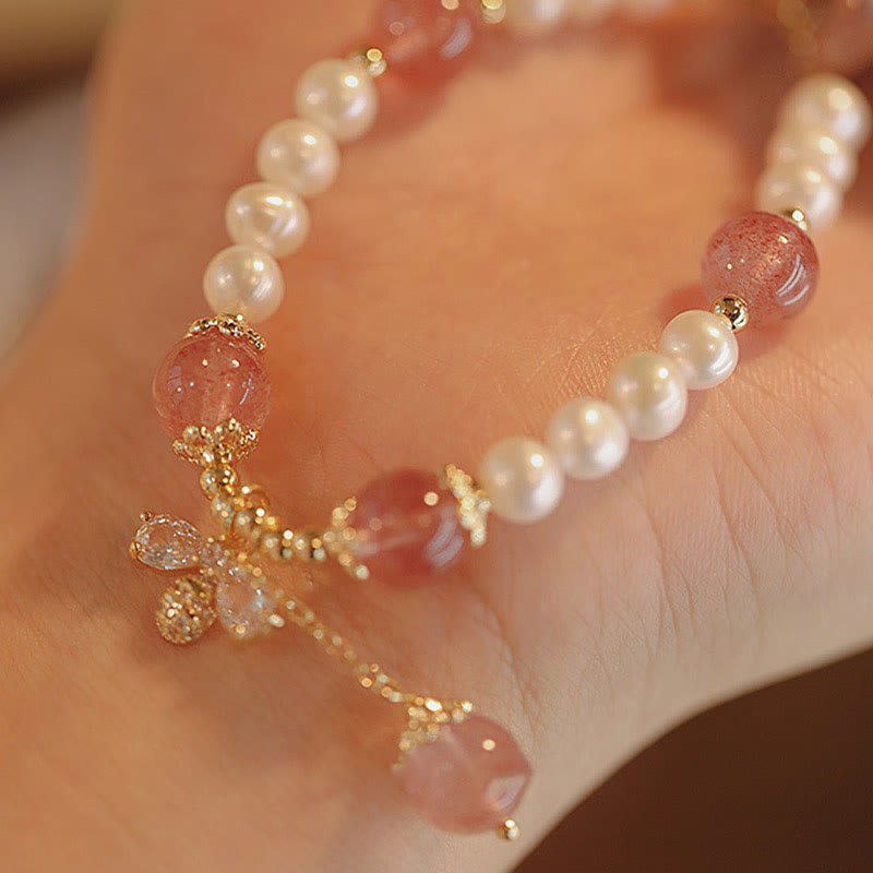 Braccialetto con ciondolo ape carino con perle naturali e quarzo fragola Buddha Stones