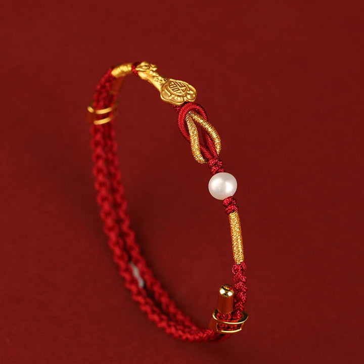 Buddha Stones 24K Oro Desiderio Ruyi Maniglia Fu Carattere Coniglio Perla Fortuna Bracciale Intrecciato - image 4