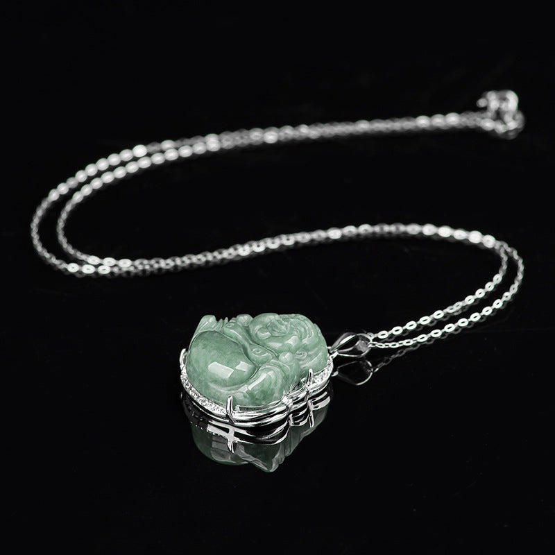 Collana con ciondolo a Buddha Stones in argento sterling 925 con Buddha che ride e giada, abbondanza - image 10