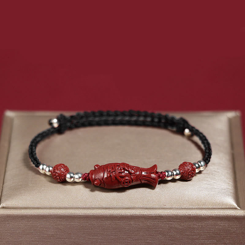Bracciale intrecciato con moneta di rame, pesce koi, cinabro, Fu, argento sterling 925 , Buddha Stones