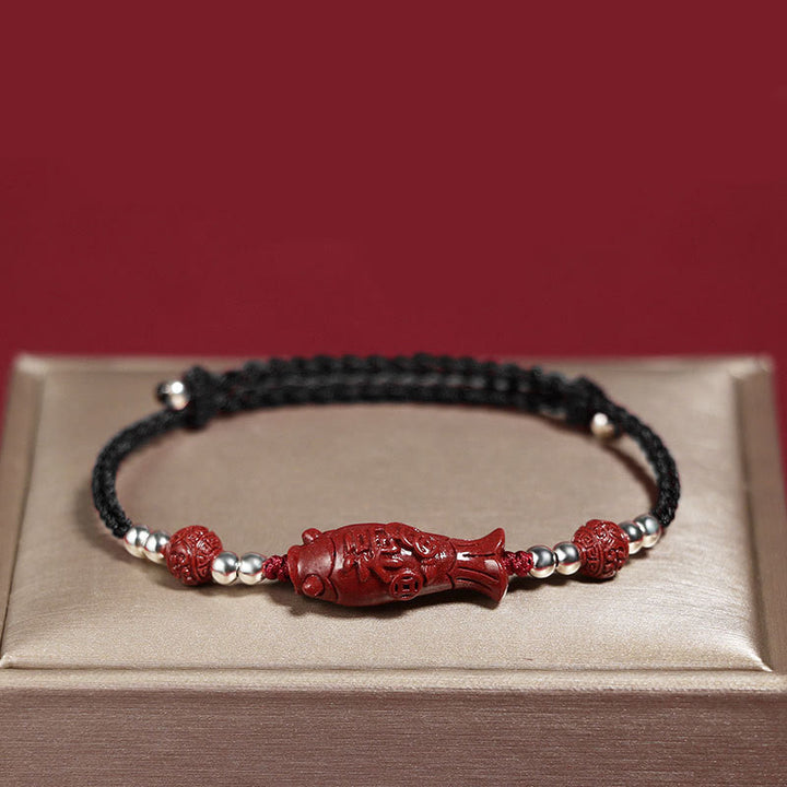 Bracciale intrecciato con moneta di rame, pesce koi, cinabro, Fu, argento sterling 925 , Buddha Stones