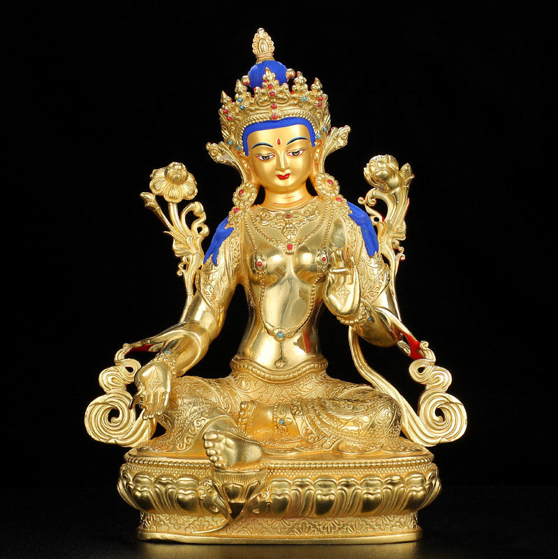 Decorazione statua in rame placcato oro Bodhisattva Tara verde protezione