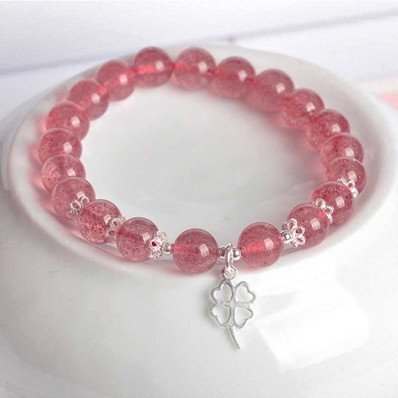 Bracciale Buddha Stones in argento sterling 925 con quarzo fragola e quadrifoglio, amore