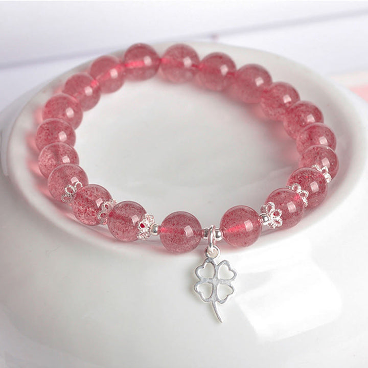 Bracciale Buddha Stones in argento sterling 925 con quarzo fragola e quadrifoglio, amore