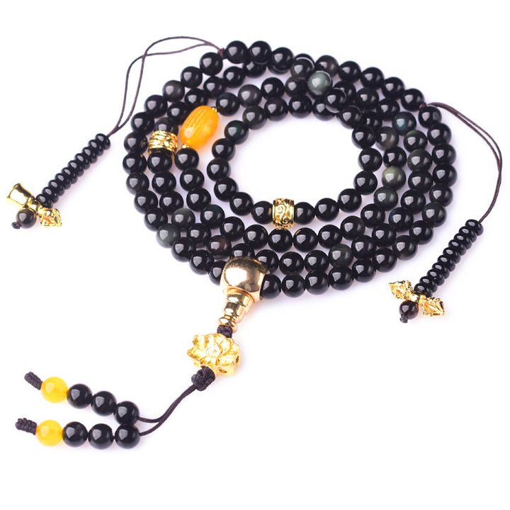Braccialetto Mala Buddha Stones 108 perle in ossidiana nera naturale Lotus Fulfilment