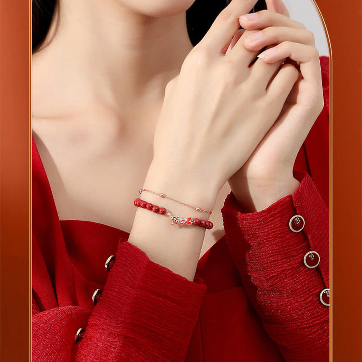 Bracciale a catena a doppio strato con zirconi e cinabro, in argento sterling 925, con pesce koi portafortuna, Buddha Stones