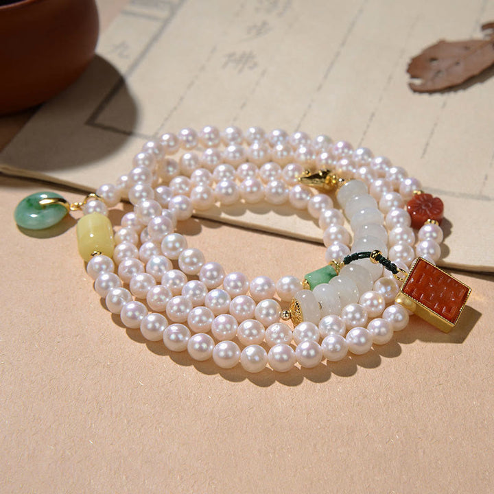 Braccialetto a quattro giri Buddha Stones in argento sterling 925 con perle, giada Hetian, agata rossa, doppia felicità, ambra e fortuna