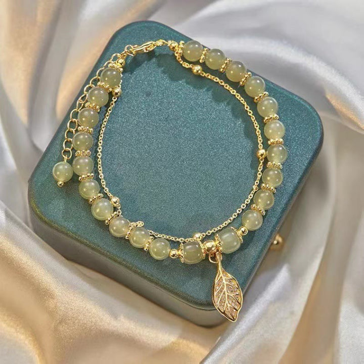 Braccialetto di perline con carattere Fu , Buddha Stones di giada, foglia di ginkgo, tulipano, arachidi e fortuna
