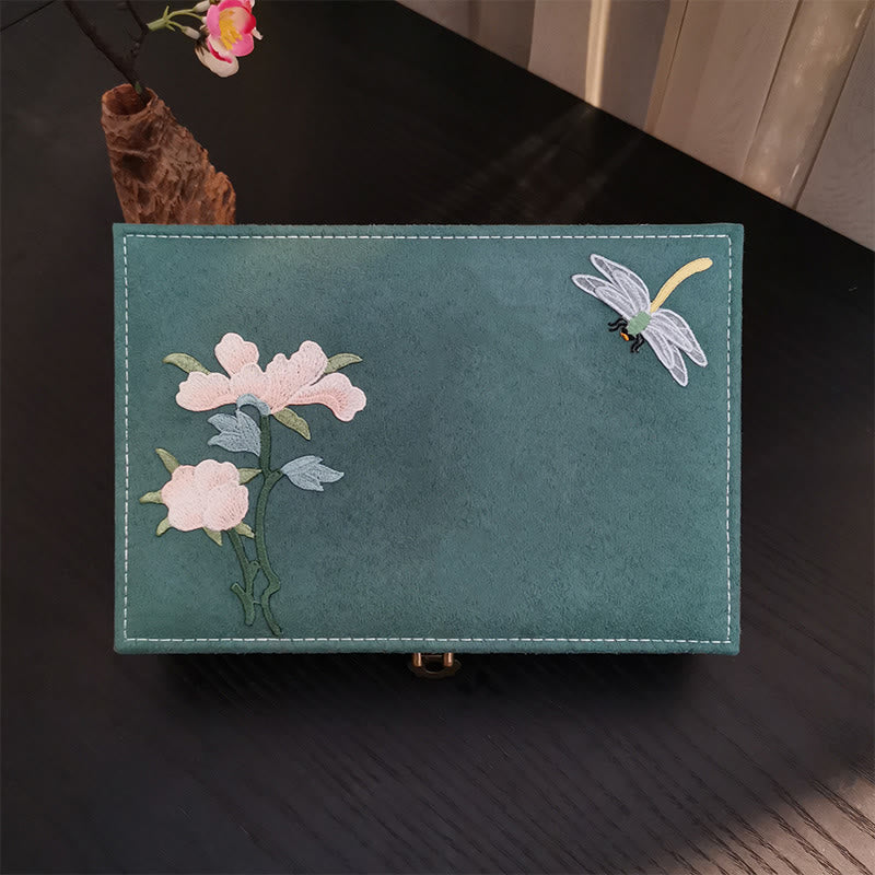 Buddha Stones Flowers Dragonfly Jewelry Box Organizer Scatola portaoggetti per gioielli a strato singolo Scatola di flanella