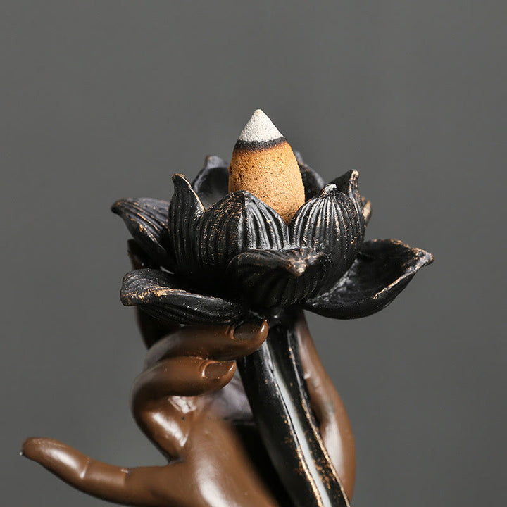 Buddha Stones Loto Mano di Buddha Nuvole di Buon Auspicio Modello Meditazione Resina Bruciatore di Incenso a Riflusso