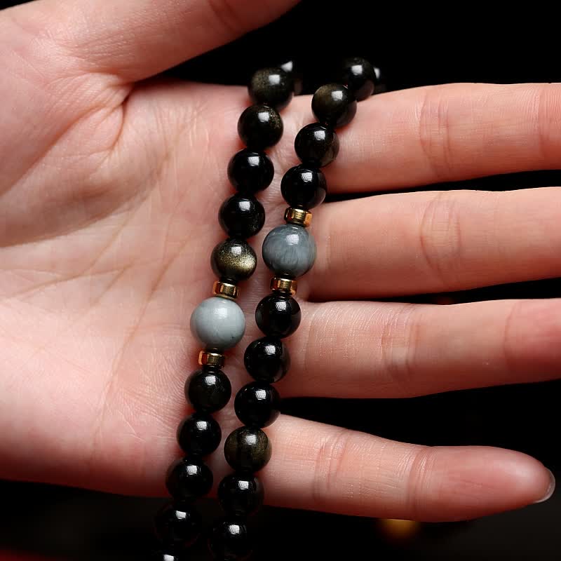 Buddha Stones 108 Mala Beads Oro Lucente Ossidiana Occhio di Tigre Pietra Occhio d'Aquila Bracciale della Ricchezza