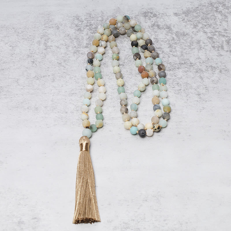 Braccialetto Mala con nappa in perle di amazzonite Buddha Stones 108