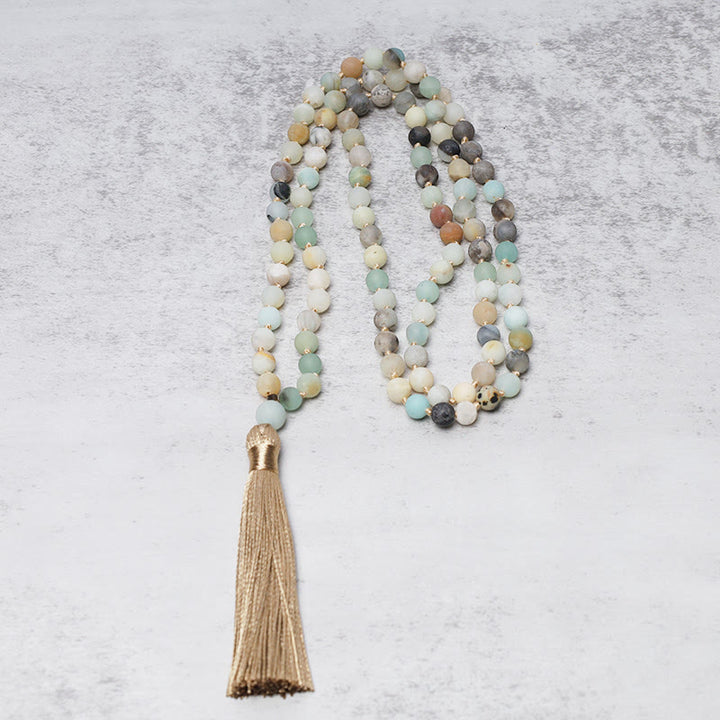 Braccialetto Mala con nappa in perle di amazzonite Buddha Stones 108