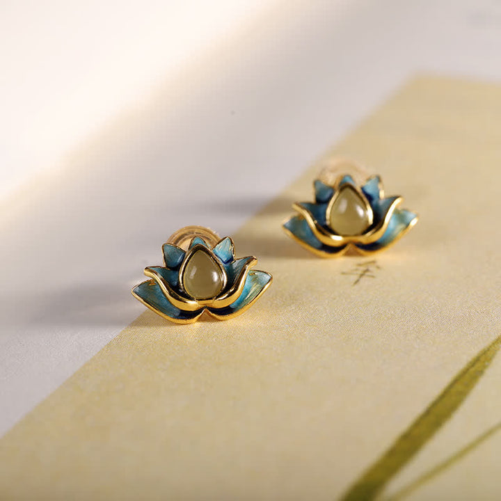 Orecchini di successo in argento sterling 925 con fiore di loto in giada ciano Hetian