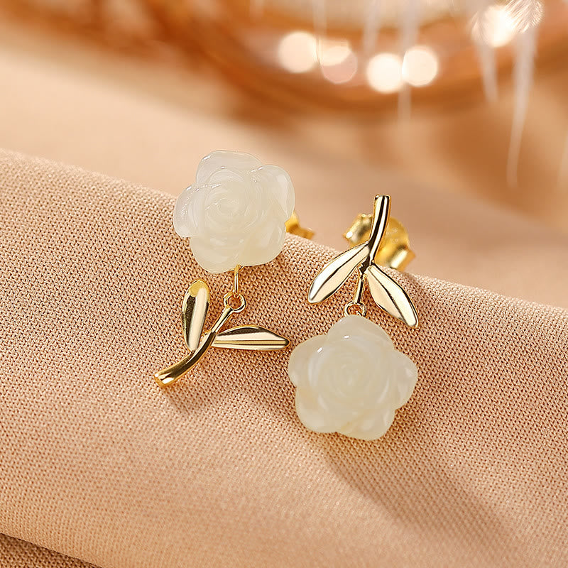 Orecchini Buddha Stones 925 Sterling Silver Placcato Oro Giada Rosa Fiore Ciano Giada Perla Fortuna