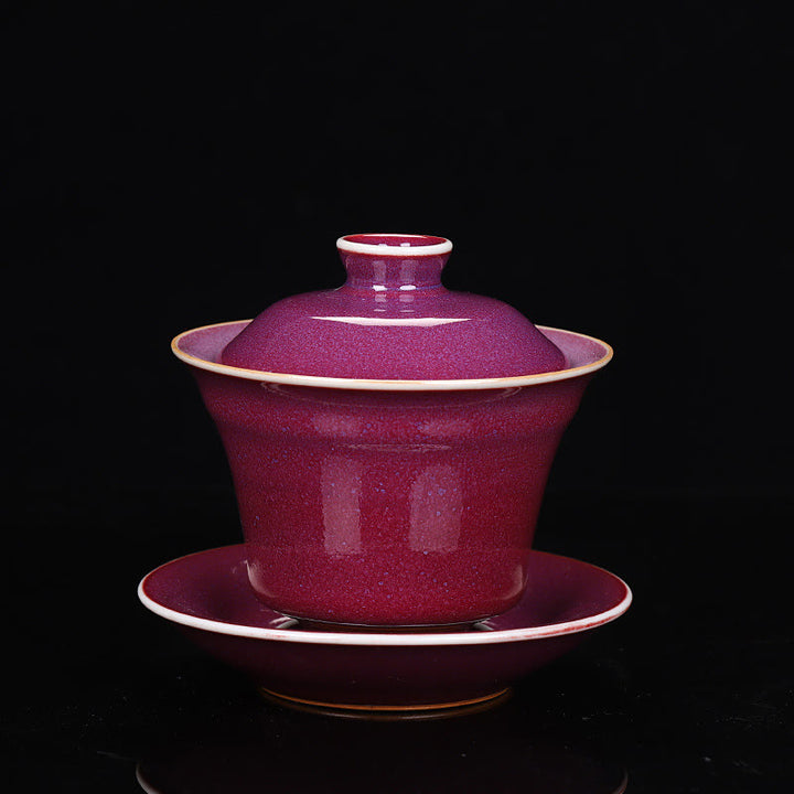Buddha Stones Retro Glaze Kiln Change Ceramica Gaiwan Sancai Tazza da tè Kung Fu Tazza da tè e piattino con coperchio - Stile Rosso (colore e finitura possono variare) - 9,8 cm*9 cm*150 ml - image 7