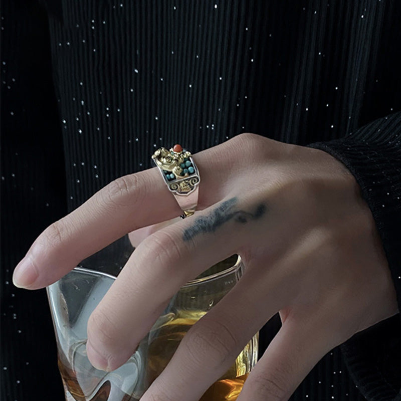 Anello di protezione PiXiu Abacus in argento sterling 925 Buddha Stones e agata rossa turchese - image 3