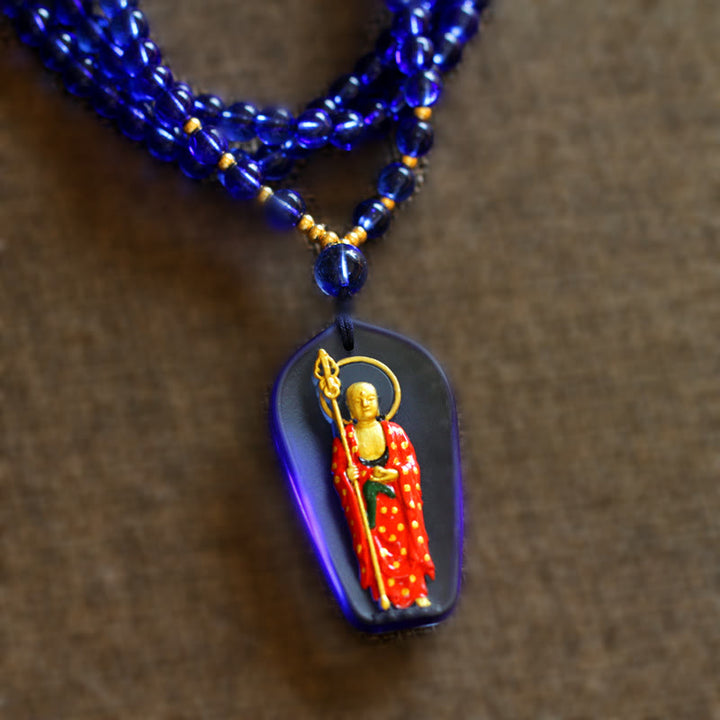 Buddha Stones Collana con ciondolo amuleto della compassione di cristallo Buddha Ksitigarbha Liuli - Ksitigarbha in piedi blu - image 7