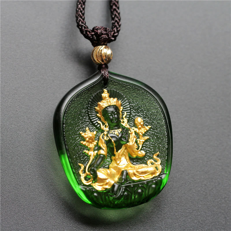 Buddha Stones Ciondolo della collana di protezione del cristallo Liuli placcato oro del Buddha di Tara verde tibetano - Tara verde - Versione dorata - image 1