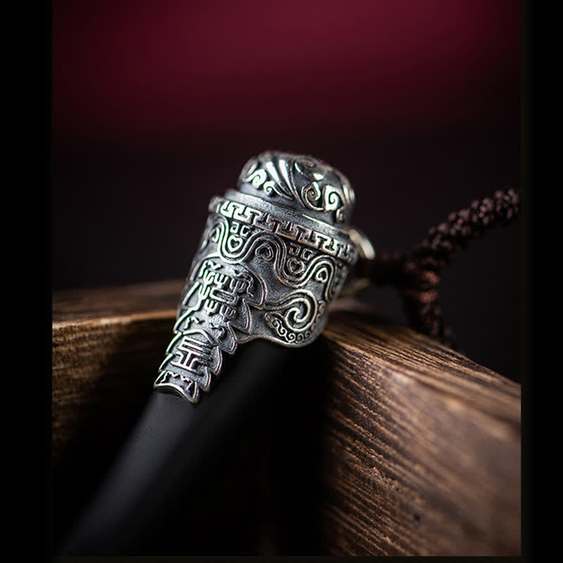 Collana con ciondolo in argento sterling 925 con motivo a denti di lupo e ossidiana nera e forza