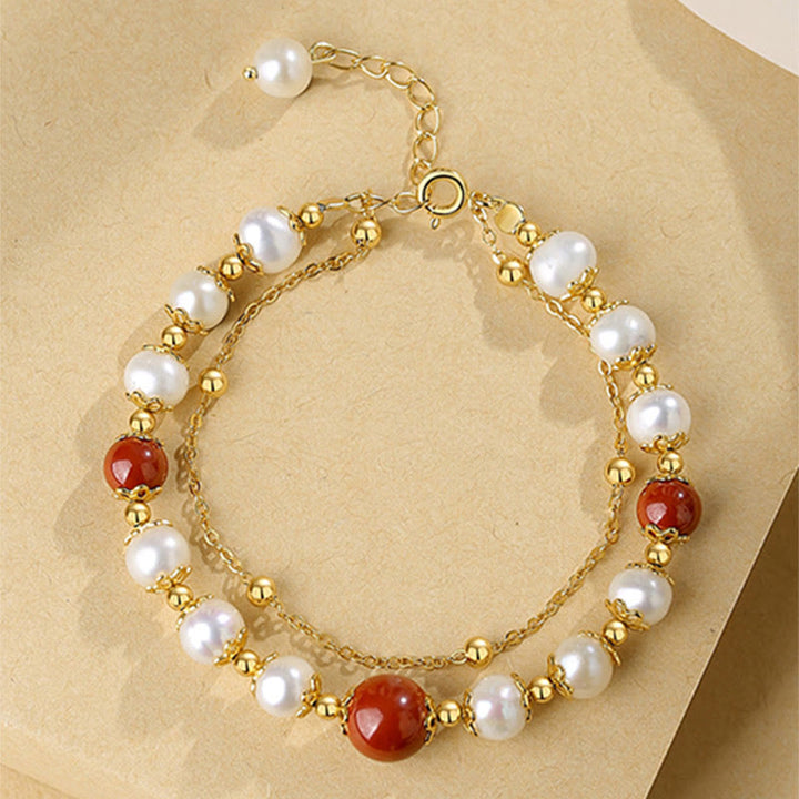 Bracciale a catena a doppio strato con perle di cinabro e argento sterling 925 Buddha Stones