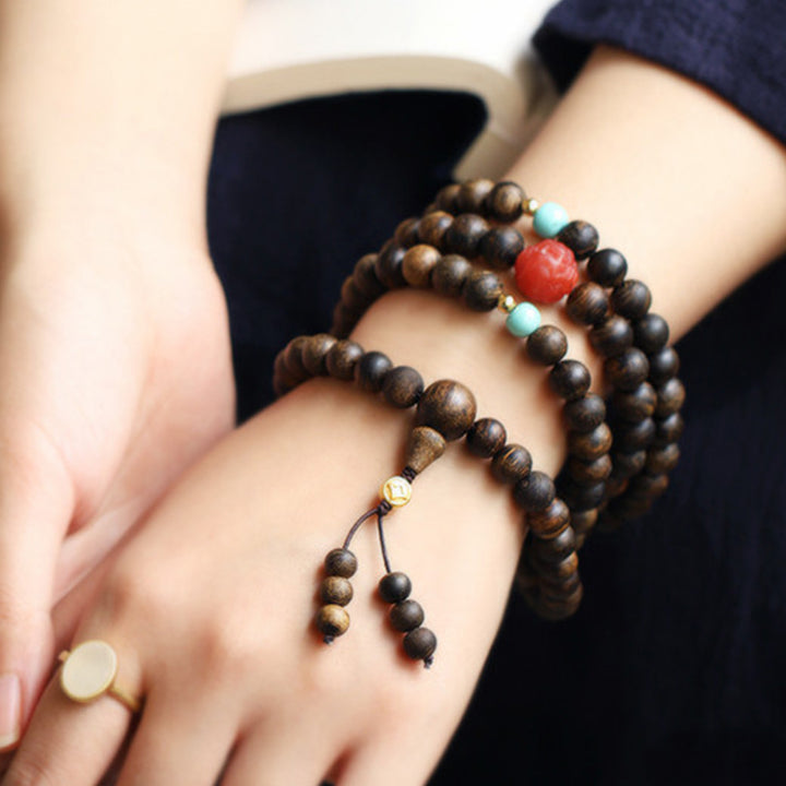 Buddha Stones 108 Mala Beads Agarwood Agata rossa Turchese Braccialetto di meditazione della pace