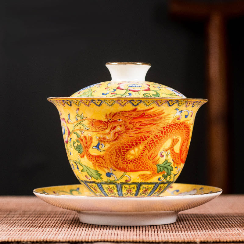 Buddha Stones Dragon Phoenix Flower Design Ceramica Gaiwan Sancai Tazza da tè Kung Fu Tazza da tè e piattino con coperchio - Giallo - Drago 9,5 cm*9,3 cm*160 ml - image 6