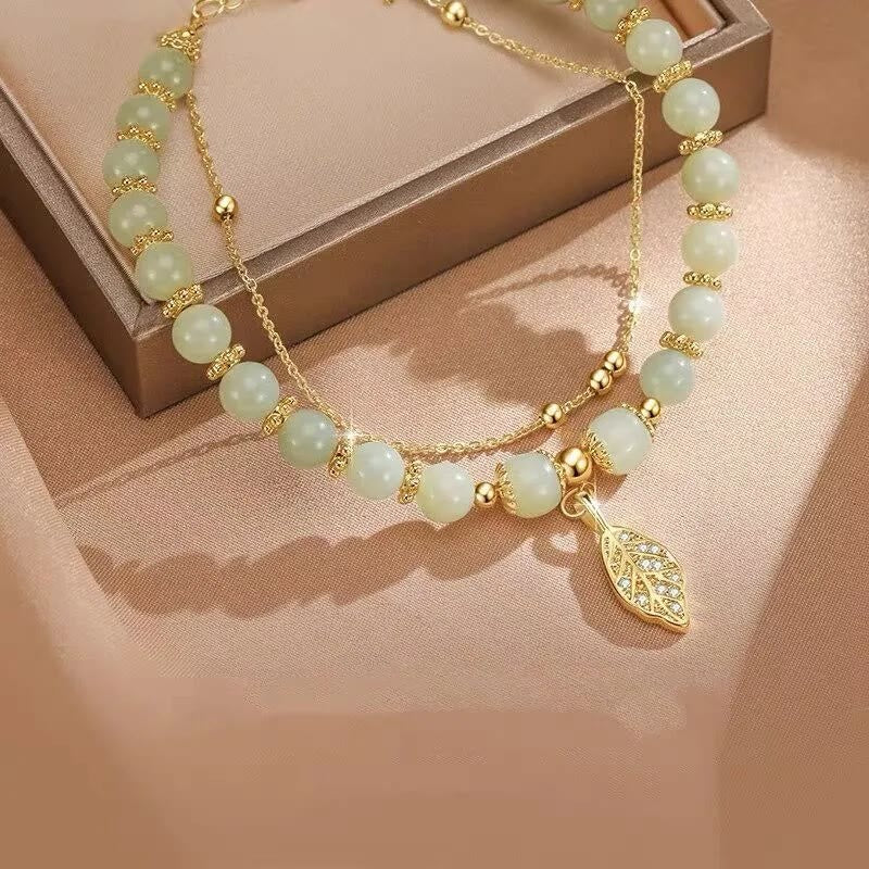 Braccialetto di perline con carattere Fu , Buddha Stones di giada, foglia di ginkgo, tulipano, arachidi e fortuna