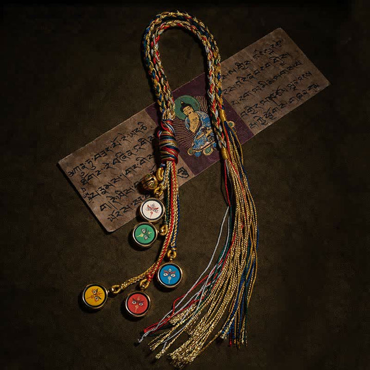 Decorazione da appendere alla parete dell'auto con protezione Thangka dei cinque dei della ricchezza, realizzata a mano in Tibet