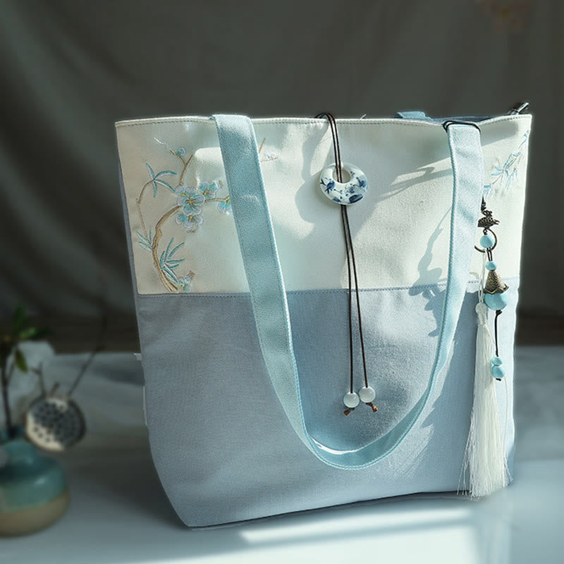 Borsa a tracolla grande capacità in tela con ricamo in bambù, prugna, fiore di pera, pesco